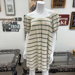 Cream & Green Striped Off‑Shoulder Dress – Puff Sleeve Casual Style